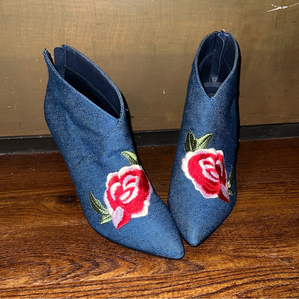 Blue Denim Floral Rose Embroidered Stiletto Heel Y2K Fashion Ankle Boots Size 9 - Picture 4 of 12